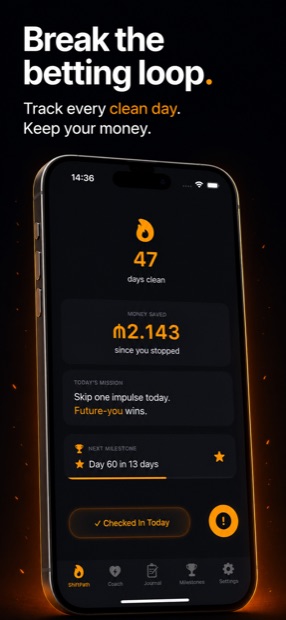 ShiftPath home screen showing 47 days clean and money saved