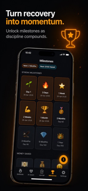 ShiftPath milestones grid showing recovery achievements